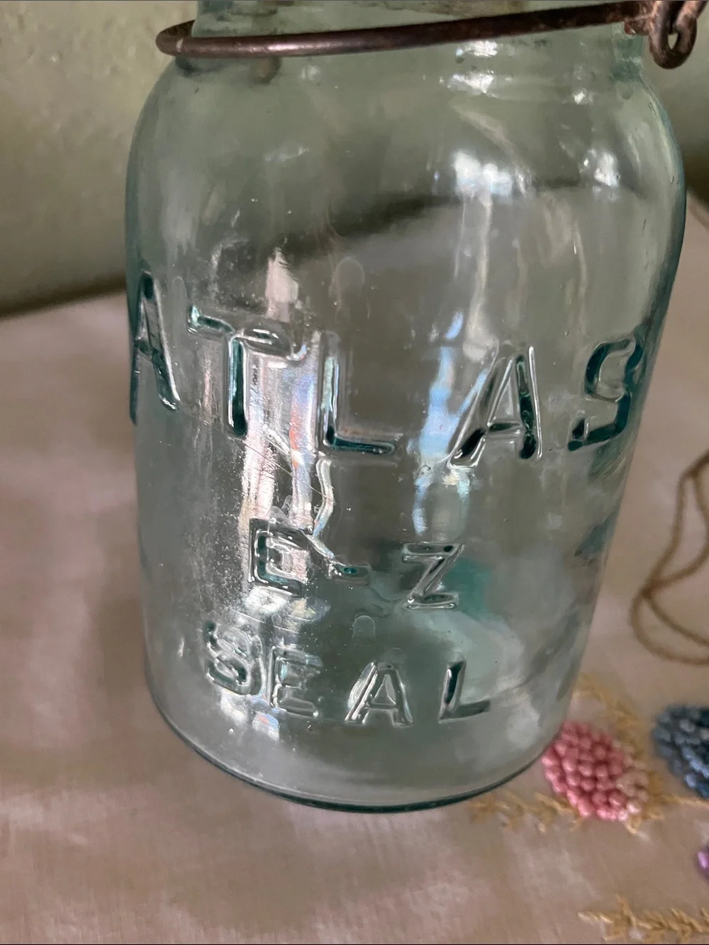 Vintage Atlas E-Z Seal Glass Jar – Light Blue Aqua Glass with Wire Bail